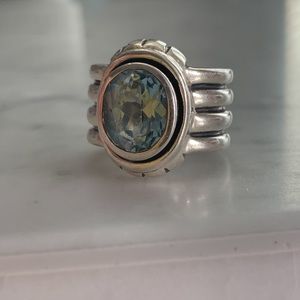 Sterling Silver Chunky Ring with Blue Crystal Size 7.5